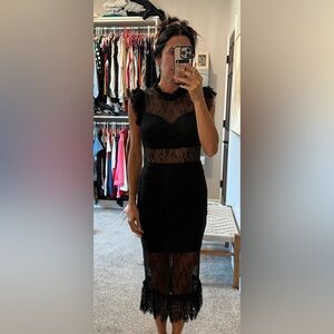 VICI Black Lace Sheath Midi Dress with Sheer Insets